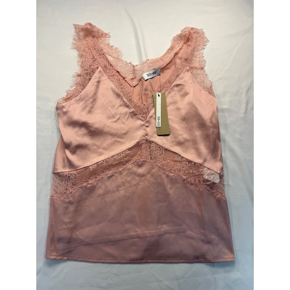 DO+BE Pink Satin Lace Trim Camisole V-Neck Eyelash Lace Inset Tank Top NWT L